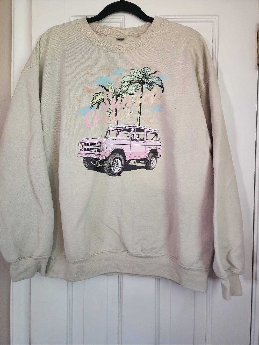 Womens Cream Graphic Crewneck Sweatshirt with Pink Truck
